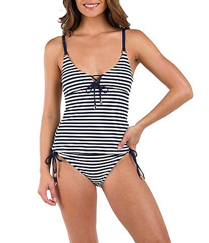 La Blanca Set Sail Ribbed Knit V-Neck Lace-Up Tankini Swim Top & Adjustable Tie Side Hipster Swim Bottom