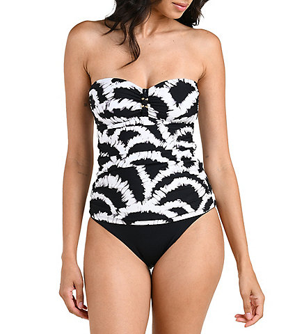 La Blanca Woven Shadow Bandeau Tankini Swim Top & Solid Mid Waist Bikini Swim Bottom