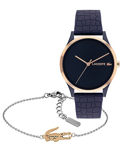 Lacoste Women's Crocodelle Three-Hand Navy Silicone Strap Watch and Two Tone Line Bracelet Gift Set
