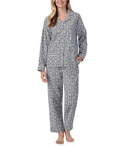 Lanz of Salzburg Allover Printed Cotton Flannel Long Sleeve Notch Collar Holiday Heart Print Pajama Set