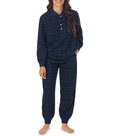 Lanz of Salzburg Plaid Print Cotton Flannel Ribbed V-Neck Long Sleeve Ski Pajama Set