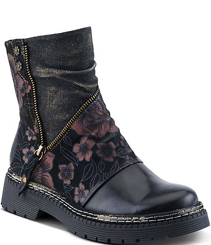 L'ARTISTE Avrilrose Floral Print and Denim Zip Booties