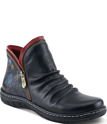 L'ARTISTE Chesapeake Leather Painted Floral Ruched Faux Fur Lined Booties