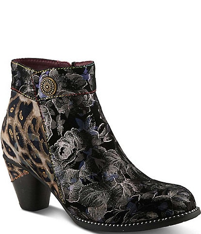 L`ARTISTE Dessalynn Floral Print Suede and Animal Print Velvet Booties