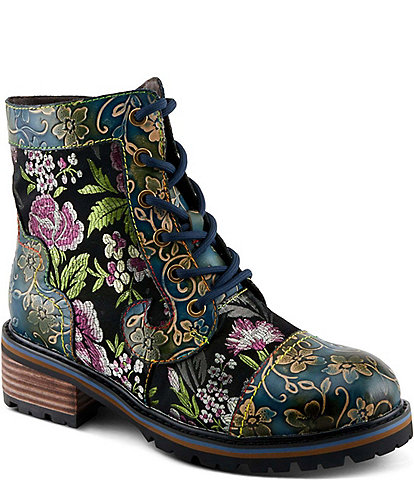L'ARTISTE Fantastic Embroidered and Embossed Floral Combat Booties