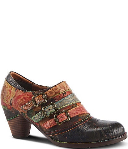 L'ARTISTE Graphic Hand Painted Floral Print Buckled Hardware Straps Shooties