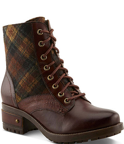 L'ARTISTE Marty Leather and Plaid Lace Up Combat Booties