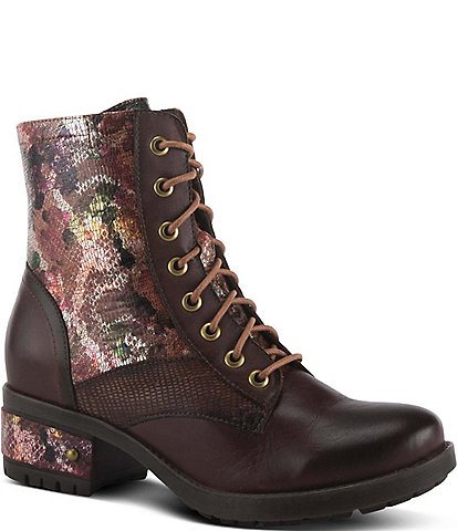 L'ARTISTE Marty Leather with Metallic Snake and Floral Print Combat Booties