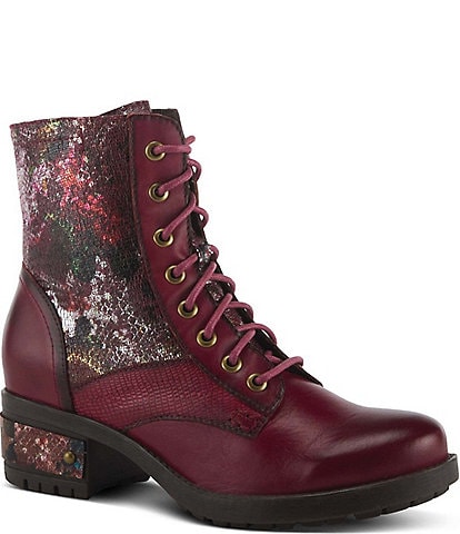 L'ARTISTE Marty Leather with Metallic Snake and Floral Print Combat Booties
