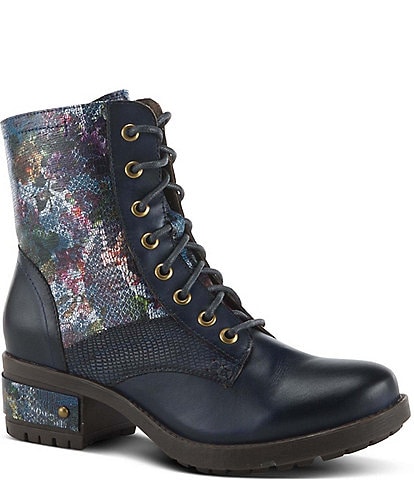 L'ARTISTE Marty Leather with Metallic Snake and Floral Print Combat Booties