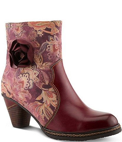 L`ARTISTE Naima Leather Floral Fabric Ornamented Faux Fur Lined Ankle Booties