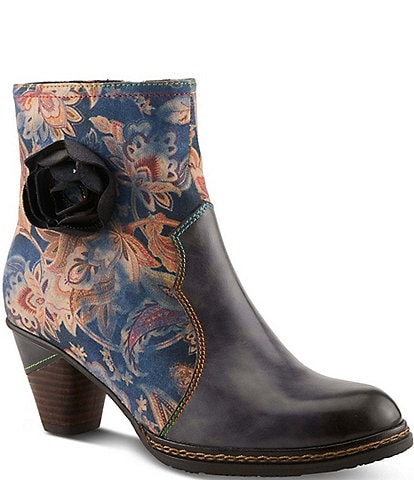 L`ARTISTE Naima Leather Floral Fabric Ornamented Faux Fur Lined Ankle Booties