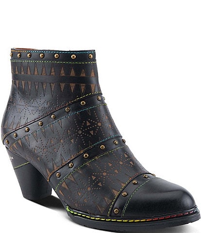 L'ARTISTE Niobe Etched Leather Studded Ankle Booties
