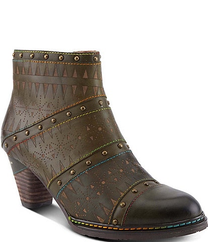 L'ARTISTE Niobe Etched Leather Studded Ankle Booties