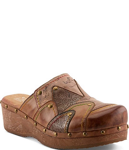 L'ARTISTE Olympe Studded Mix Leather Platform Wedge Clogs