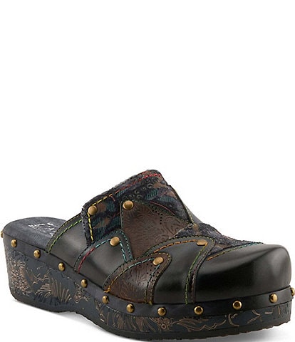 L'ARTISTE Olympe Studded Mix Leather Platform Wedge Clogs
