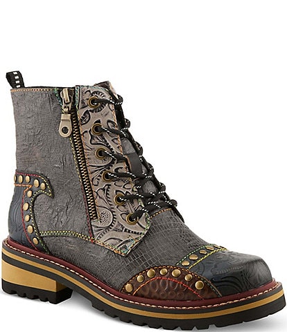 L'ARTISTE Rugup Leather and Textile Studded Faux Fur Lined Booties