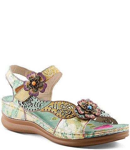 L'ARTISTE Script Floral Embossed Leather Wedge Sandals
