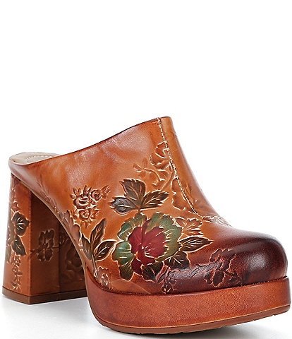 L'Artiste Sky High Embossed Hand Painted Leather Platform Clogs