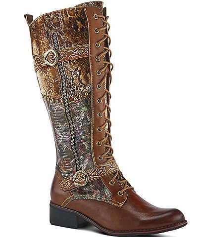 L'ARTISTE Vaneyck Leather and Textile Buckle Hardware Lace Up Tall Riding Boots