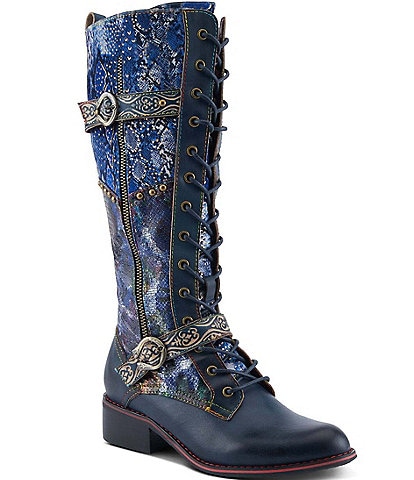 L'ARTISTE Vaneyck Leather and Textile Buckle Hardware Lace Up Tall Riding Boots