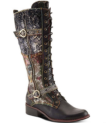 L'ARTISTE Vaneyck Leather and Textile Buckle Hardware Lace Up Tall Riding Boots