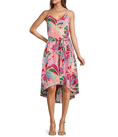 Laundry by Shelli Segal Tropical Floral Print V-Neck Sleeveless Sash Tie Waist High-Low A-Line Midi Dress