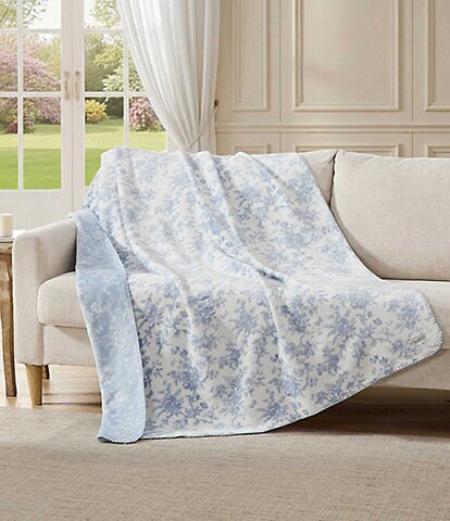 Laura Ashley Bedford Floral Printed Plush Reversible Throw Blanket
