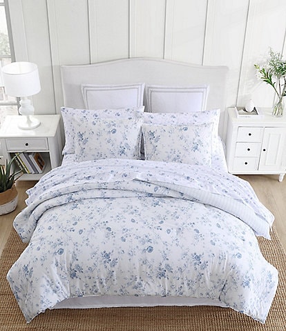 Laura Ashley Belinda Blue Cottage Rose Print Booms Reversible Comforter Mini Set