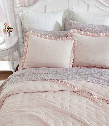 Laura Ashley Hailee Embroidered Dot Pink Ruffled Quilt Mini Set
