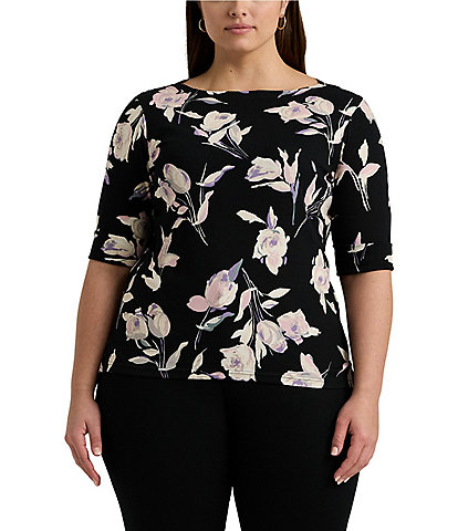 Lauren Ralph Lauren Plus Size Floral Print Stretch Cotton Boat Neck Tee Shirt