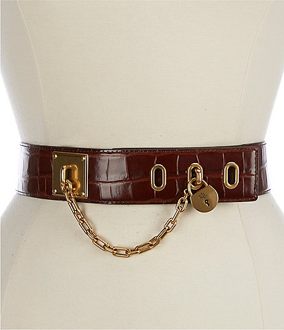 Lauren Ralph Lauren 1.75" Chain Padlock Croc-Embossed Wide Leather Belt