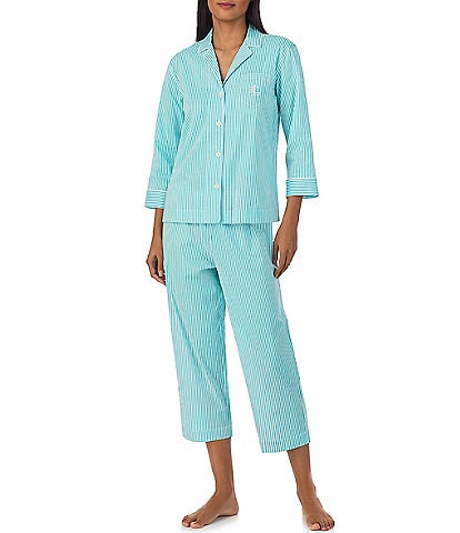 Lauren Ralph Lauren 3/4 Sleeve Notch Collar Embroidered Chest Pocket Woven Striped Cropped Pajama Set