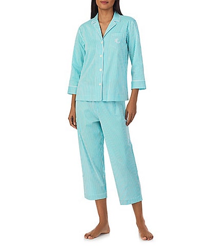 Lauren Ralph Lauren 3/4 Sleeve Notch Collar Embroidered Chest Pocket Woven Striped Cropped Pajama Set