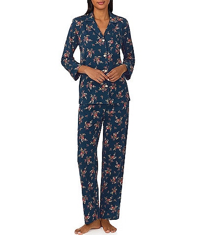 Lauren Ralph Lauren 3/4 Sleeve Notch Collar Jersey Knit Floral Pajama Set