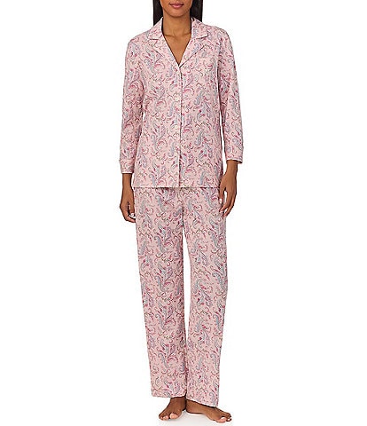 Lauren Ralph Lauren 3/4 Sleeve Notch Collar Jersey Knit Paisley Pajama Set