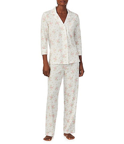 Lauren Ralph Lauren 3/4 Sleeve Notch Collar Long Pant Knit Floral Pajama Set