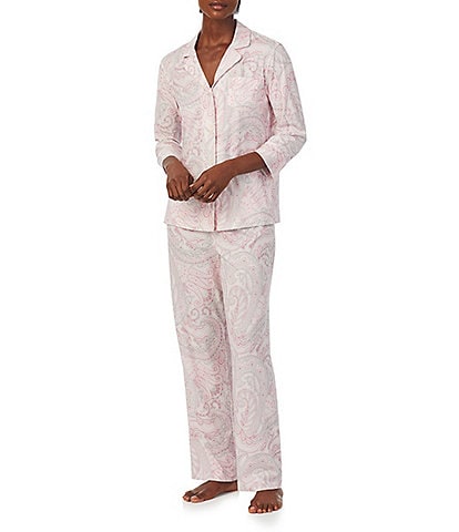 Lauren Ralph Lauren 3/4 Sleeve Notch Collar Long Pant Knit Paisley Pajama Set