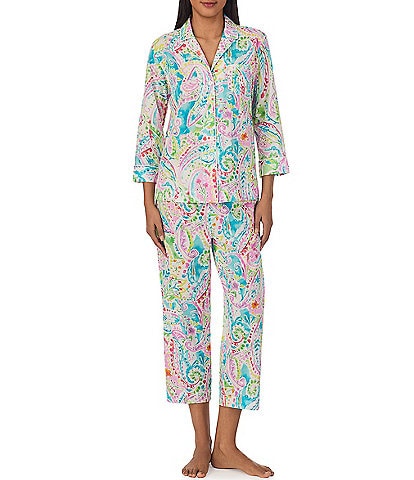 Lauren Ralph Lauren 3/4 Sleeve Notch Collar Woven Multi Paisley Cropped Pajama Set
