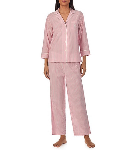 Lauren Ralph Lauren 3/4 Sleeve Notch Collar Woven Striped Pajama Set