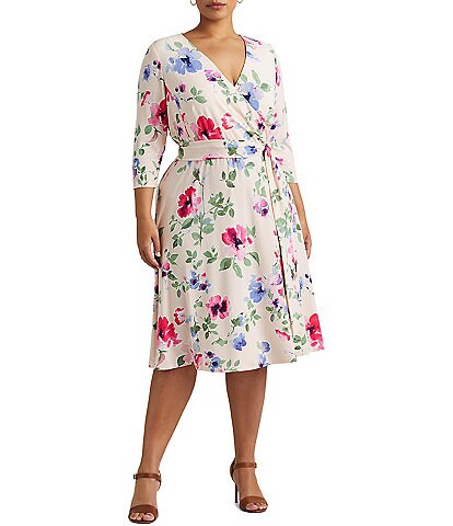 Lauren Ralph Lauren 3/4 Sleeve Surplice V-Neck Floral Jersey A-Line Dress