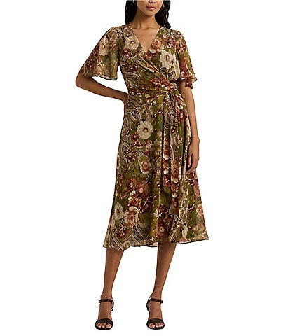 Lauren Ralph Lauren Abel Floral Print Surplice V-Neck Short Flutter Sleeve Tie Waist Midi Dress