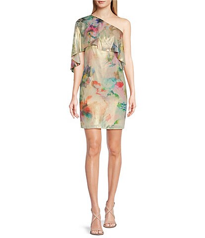 Lauren Ralph Lauren Abstract Floral Print One Shoulder Cape Back Sheath Dress
