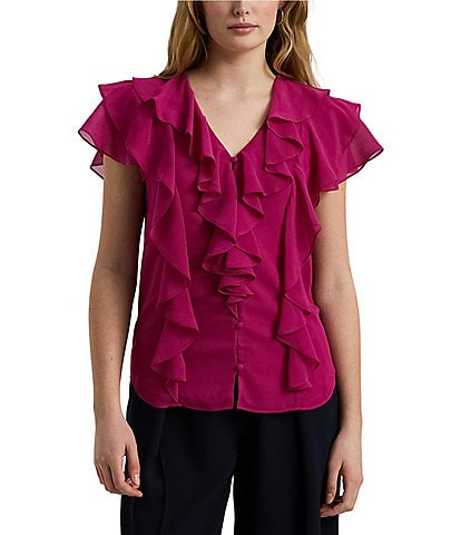 Lauren Ralph Lauren Artaith Crinkle Georgette V-Neck Short Flutter Sleeve Ruffle Blouse