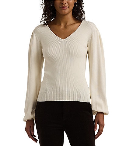 Lauren Ralph Lauren Basaleah V-Neck Voluminous Blouson Sleeve Slim-Fit Sweater