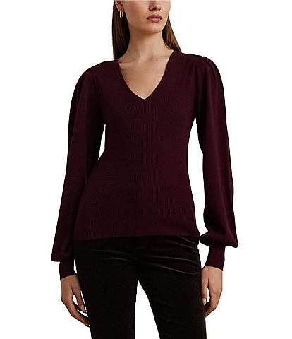 Lauren Ralph Lauren Basaleah V-Neck Voluminous Blouson Sleeve Slim-Fit Sweater