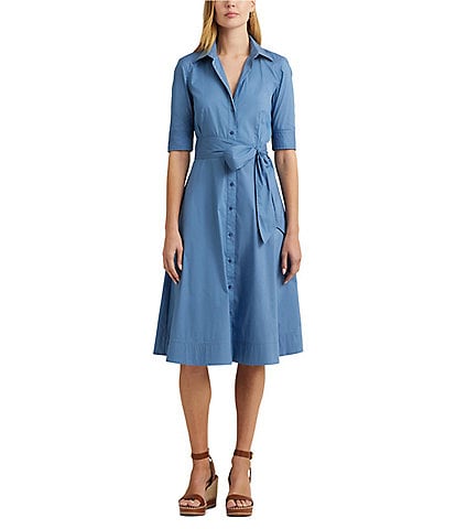 Lauren Ralph Lauren Belted Cotton-Blend Point Collar Short Sleeve Button Front Fit and Flare Midi Shirt Dress