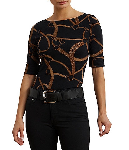 Lauren Ralph Lauren Belting Print Boat Neck Elbow Sleeve Fitted Tee