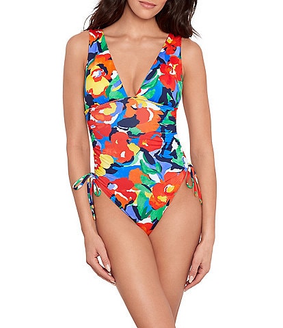 Lauren Ralph Lauren Bold Abstract Floral Print Shirred Side Tie Tank One Piece Swimsuit