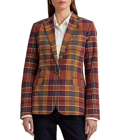 Jones New York Brushed Classic Plaid Wool Blend Faux Double Breasted Blazer